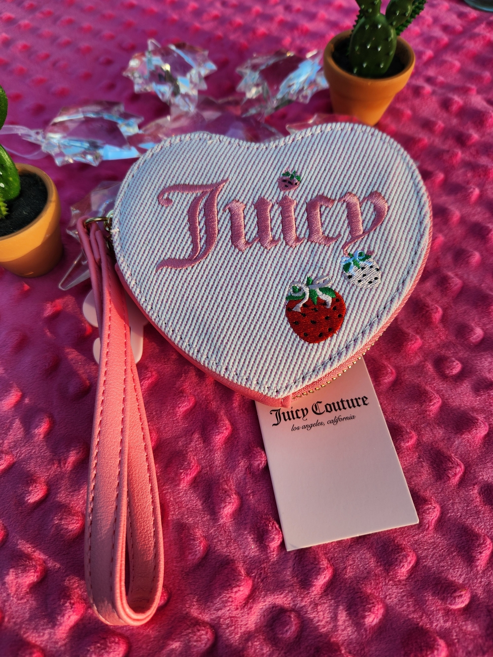 Juicy Couture Pink Heart Wristlet Coin Purse with Strawberry Embroidery